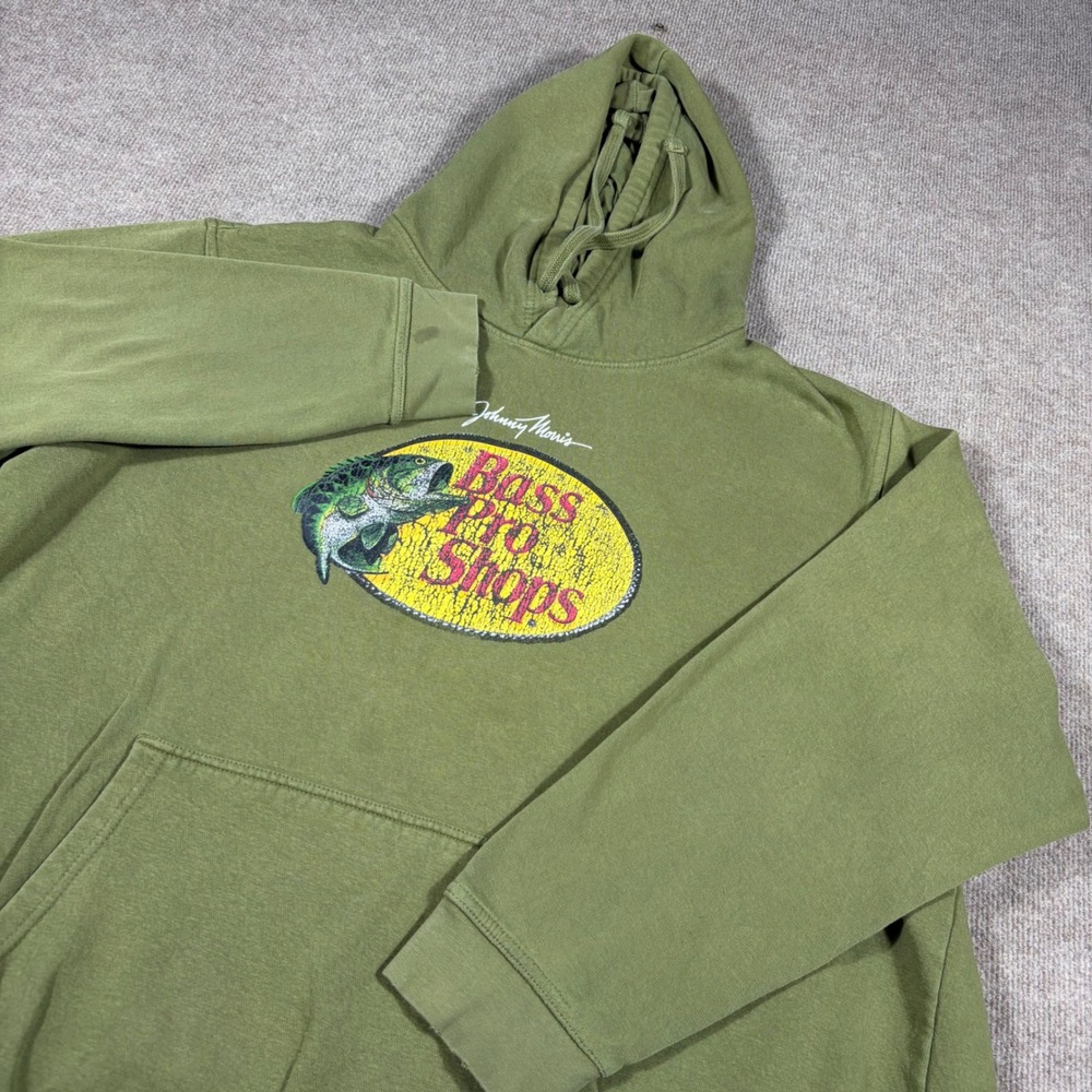 Bass Pro Shops Johnny Morris Mens Green Graphic Logo Hoodie Sweatshirt 3XL